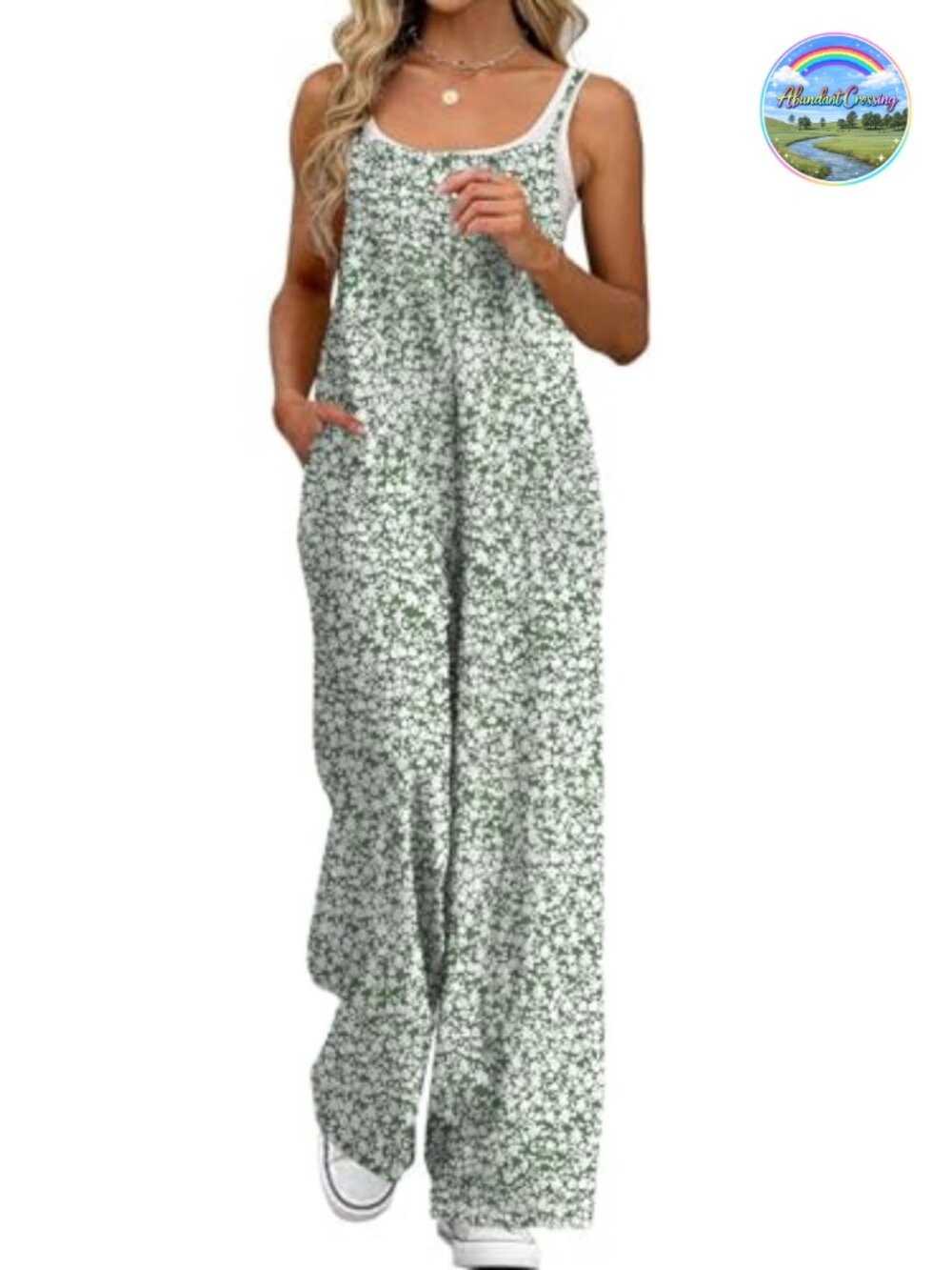Womens Summer Boho Sleeveless Jumpsuit with Pockets Loose Wide Leg